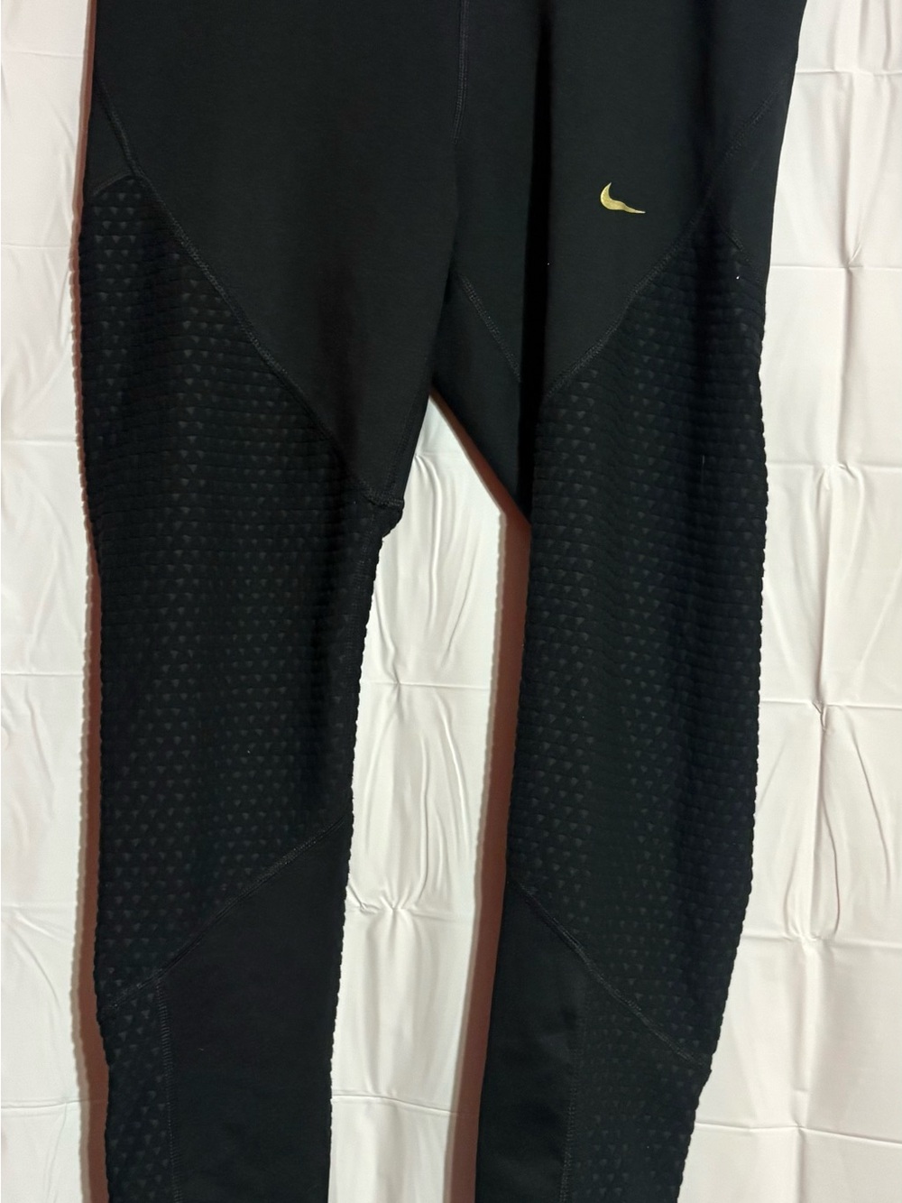 Nike Black Textured Leggings with Gold Swoosh